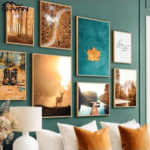Nordic Poster Autumn Travel Landscape Wall Decor Canvas Print Painting Forest Deer Highway Maple Leaf Lake Shoes Modern Picture
