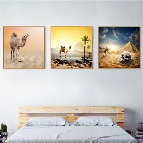 Posters Camels Poster Egypt Pyramid Sunset Desert Posters and Prints Skull Canvas Wall Art Picture Cuadros Decoration Salon