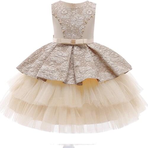 Girls birthday Christmas party net yarn princess dress girl dress waist pearl cake tutu skirt bow flower girl wedding dress