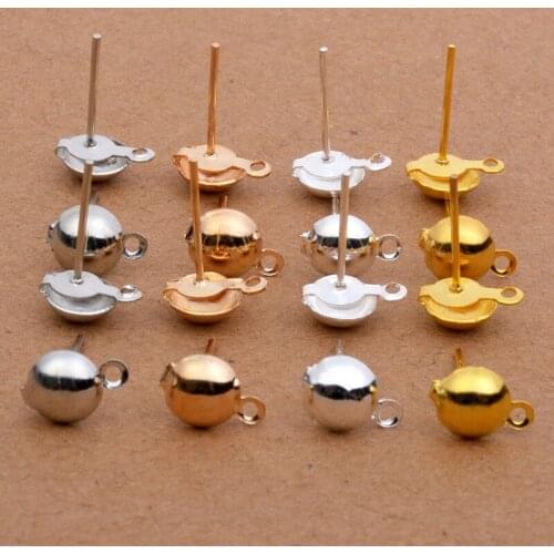 100Pcs 4mm 6mm 8mm 10mm Silver/Gold/KC gold/Rhodium Earring Post Pin Stud With Loop Earrings DIY Jewelry Making Findings