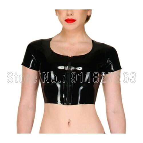 100% Latex Top Gummi Female Tops Short Sleeves High Waist Front Zipper Sexy Lady Tank Women Customize