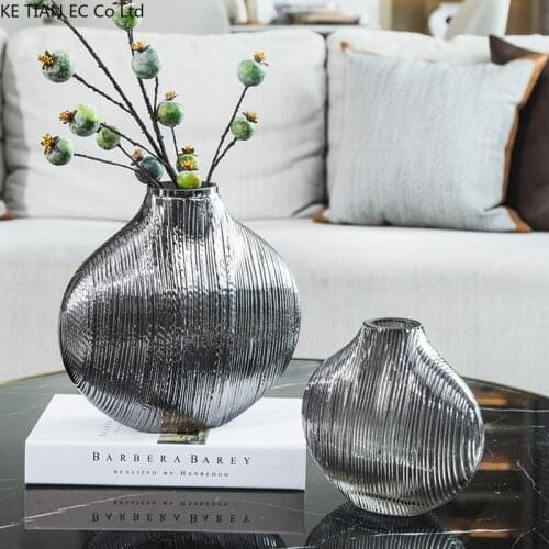 Modern Electroplating Glass Vase Dining Table Hydroponic Flower Arrangement Crafts Furnishings Silver Brushed Flower Vase Decor