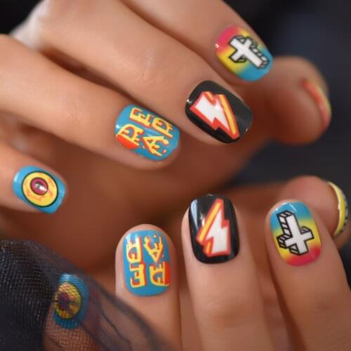 Funny Short Head Fake Nail Eyes Cross Lightning Designed Press On Nails Plastic 24pcs/pack Manicure Nail Art