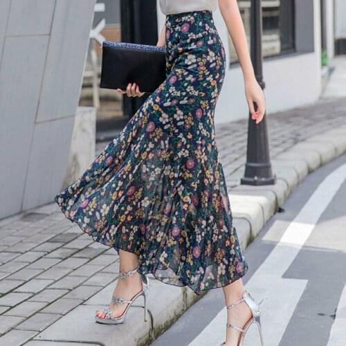 2019 Spring Romantic Women Maxi Skirts Elegant Lady Floral Print Mermaid Skirts Women Maxi Trumpet Floral Chiffon Skirts