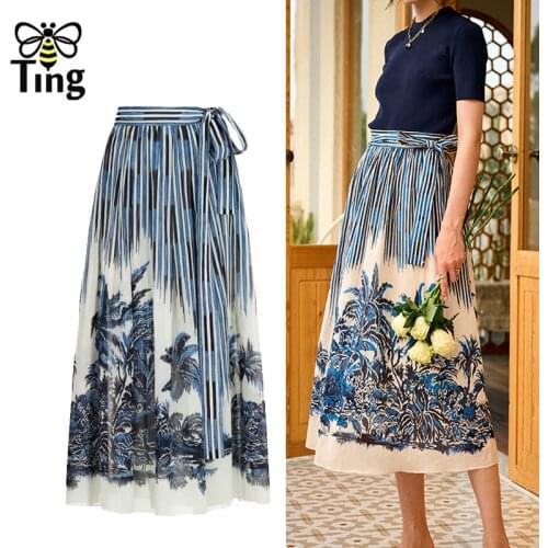 Tingfly New 2021 Fashion Designer Summer Skirt Women High Waist Floral Stripes Printed Vintage Vogue Midi Skirts Saia Traf