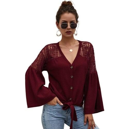 Women Casual Lace Shirt Flare Sleeve V-neck Solid Button Top Spring Autumn Fashion Loose Hollow Out Lace Up Shirts For Woman