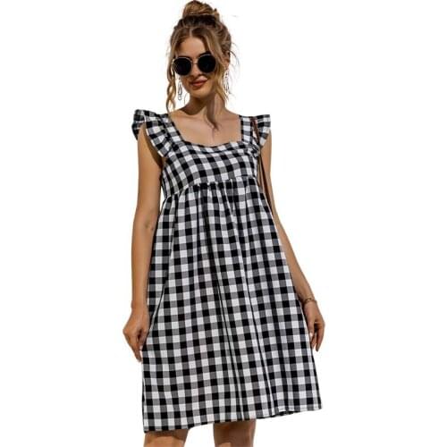 Ruffle Patchwork Sleeveless Square Collar Plaid Dress Women Summer A Line Big Swing Casual Loose Streetwear Dresses