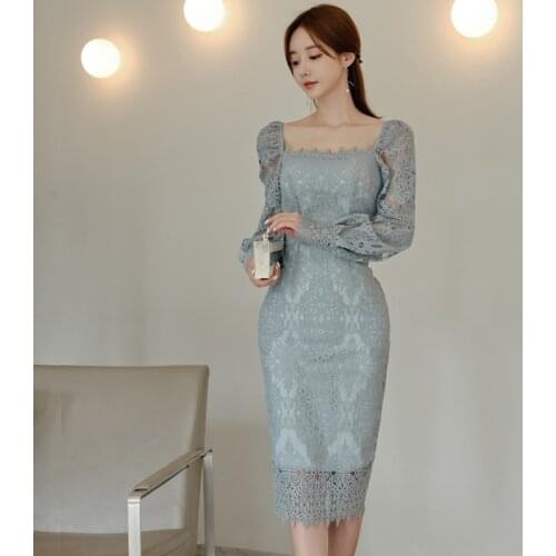 Korean Style Temperament Slim Waist Lace Dress Women Square Collar Long Sleeve Bag Hip Dress Office Ladies Midi Vestidos