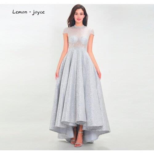 Lemon joyce Luxury Evening Dresses 2020 High Neck Cap Sleeves Shiny Sequin Illusion Formal A-line Party Gowns Robe de soiree