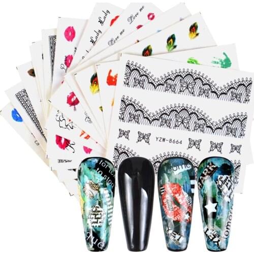 1 Sheet Nail Stickers Mixed Feather Lips Lace Nail Art Water Transfer Decals Tattoos Sliders Manicure
