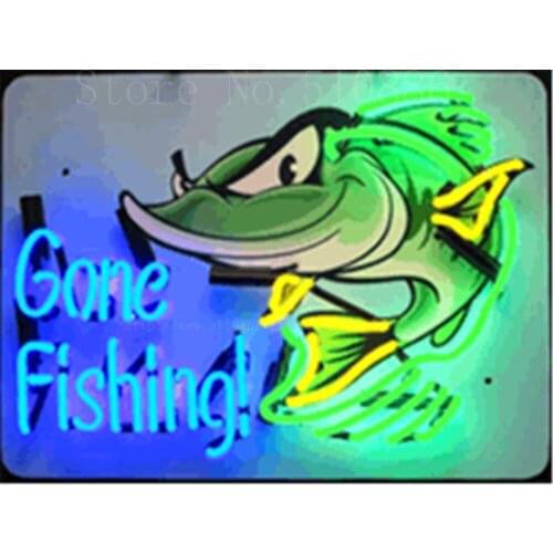 19*15" Gone Fishing NEON SIGN REAL GLASS BEER BAR PUB LIGHT SIGNS store display Packing occasional Bulbs home Advertising Lights