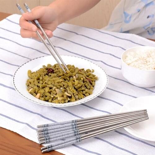 5-Pairs 22.5 Cm Stainless Steel Chinese Traditional Flowers Pattern Durable Food Stick Chopsticks Tableware Long Chop Sticks