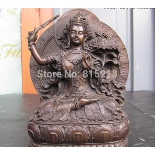 Bi00856 7"Tiebt Bronze Copper Statue of manjusri Kwan-Yin Guan Yin Bodhisattva statue