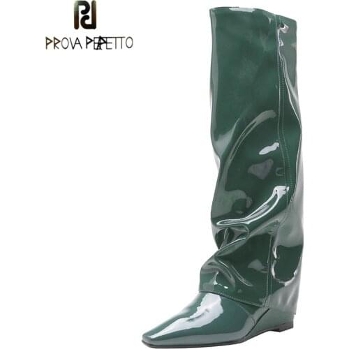 Fashion Boots Womens Patent Leather Summer New Style Wedge Heel Pointed Toe Ruffled Side Zipper But Knee Trousers Knight Boots