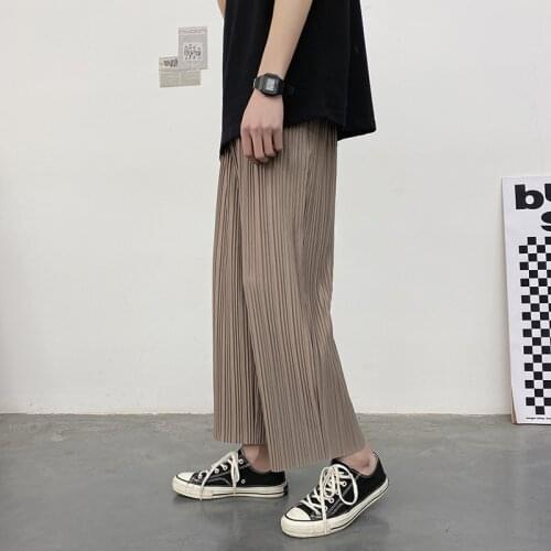 Summer Pleated Pants Mens Fashion Khaki Black White Casual Pants Men Streetwear Loose Breathable Thin Ice Silk Pants Mens M-2XL