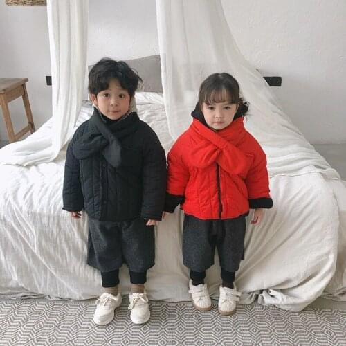 Childrens cotton jacket 2019 winter plus collar scarf childrens down cotton jacket girls Korean cotton jacket boy jacket