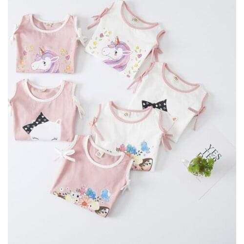 New Summer Cotton Clothes Kids T-Shirt Short Sleeve T-Shirts for Pretty Girls Clothes Cold Shoulder Animal Printed Toddler Tops