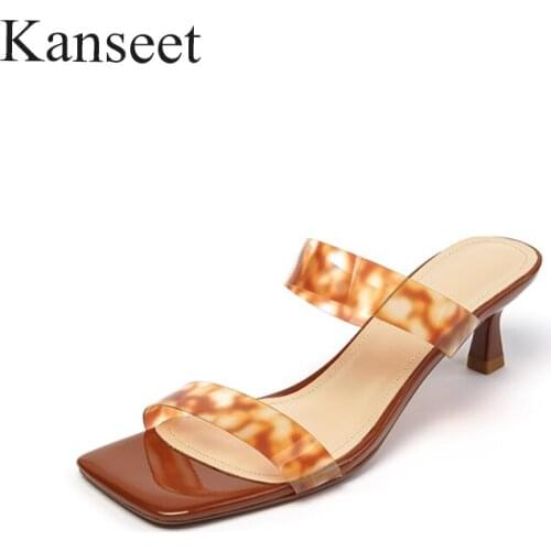 Kanseet Womens Slippers Summer Hot Sale Square Toe Fashion Mid Heels Shoes Party Dress Prom Ladies Brown Footwear Plus Size 40