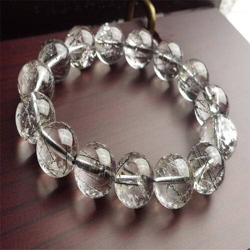 14mm Mens Powerful Bracelets Genuine Natural Black Hair Rutilated Quartz Crystal Round Bead Stretch Bracelet Free Shipping