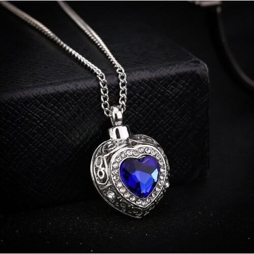 New Crystal Blue Heart Cremation Urn Necklace Jewelry Memorial Keepsake Pendant Ash Pendant Necklace for Women Men