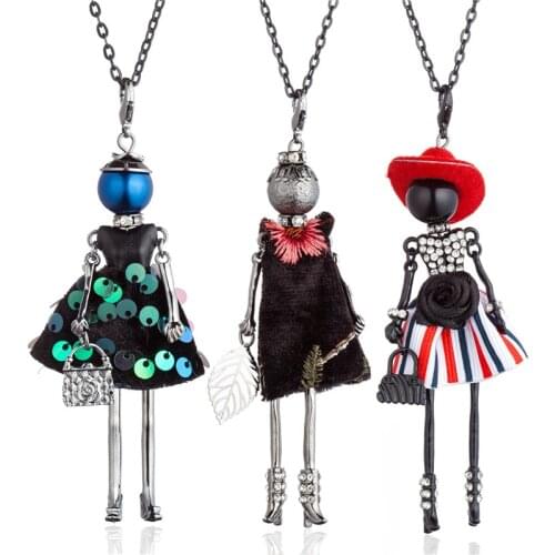 Green Sequin Floral Striped Rhinestone Dress Doll Big Choker Necklace Embroidery Leaf Pendant Long Chain Necklace For Women