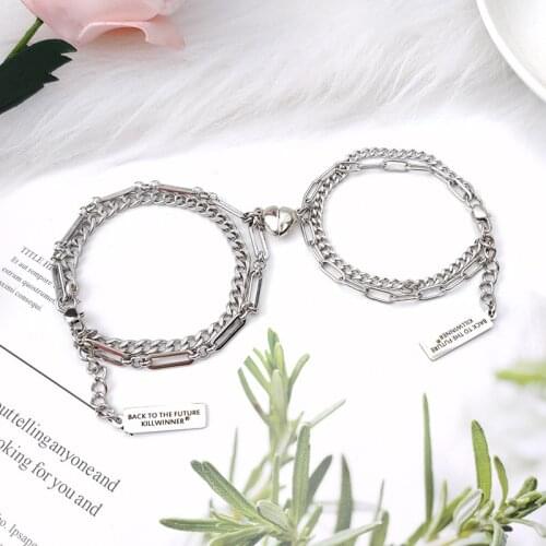 QiLuxy Stainless Steel Chain Heart Magnet Attraction Charm Bracelets for Women Men Fashion Punk Couple Bracelets Jewelry Gifts