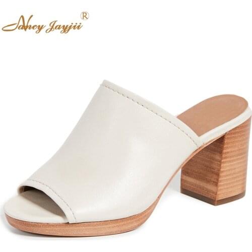 Off White Cork Mules High Block Heel Open Toe Slippers Casual Leisure Shoes Womens Plus Size 12 14 Summer Spring 2019 New Sexy