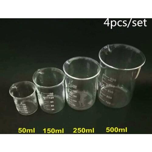 4pcs/set 50/150/250/500ml Glass Beaker For Laboratory Tests, Measuring Cup Volumetric Glassware For Lab Experiments