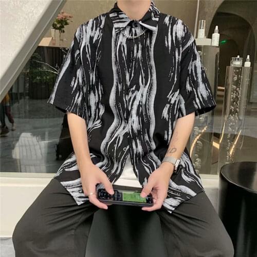 Dark Shirt Short-sleeved Tie-dye Hiphop Streetwear Jacket Casual All-match Mens Loose Trendy Tops Thin Spring Summer Shirts