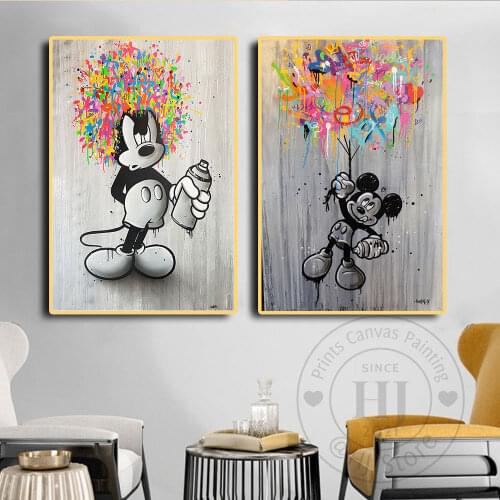 Street Graffiti Art Black and White Disney Cartoon Mickey Mouse Poster and Prints Canvas Paintings For Living Room Decor Cuadros