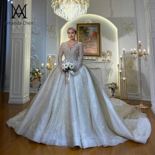 High Quality Full Sleeve V-Neck Rhinestone Crystal Wedding Dress
