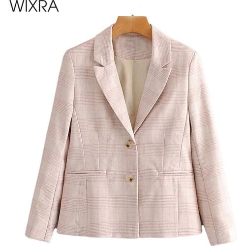 Wixra Womens Blazer Jackets Spring Autumn Sweet Casual Plaid Single Breasted Long Sleeve Coat Outerwear