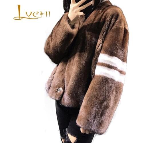 LVCHI Winter 2019 Import Mink Fur Coat Womens Real Natural Fur Long Sleeve V-Neck Striped Decorate Short Slim Mink Fur Coats