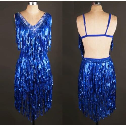 2019 Latin Dresses Women Blue Sequin Tassels Dance Dress Sexy Back Cha Cha/Salsa/Rumba Party Roupa Latin Dance Wear VDB605