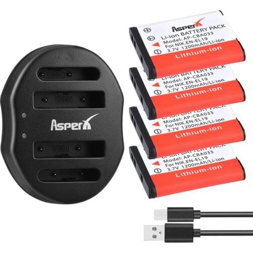 4Pcs 1200mAh EN-EL19 EN EL19 Battery + Dual USB Charger for Nikon S100 S2500 S2600 S3100 S3300 S4100 S4150 S4300 S6400 Camera