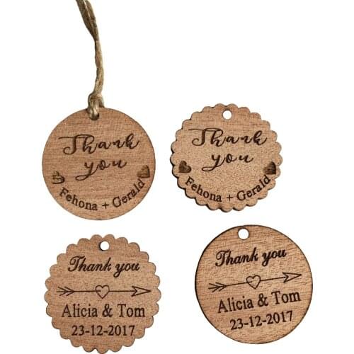 100pcs Personalized Thank You Wedding Tags Engraved Round Wooden Tags Circle Wedding Favor Tag Bridal Show decoration+jute