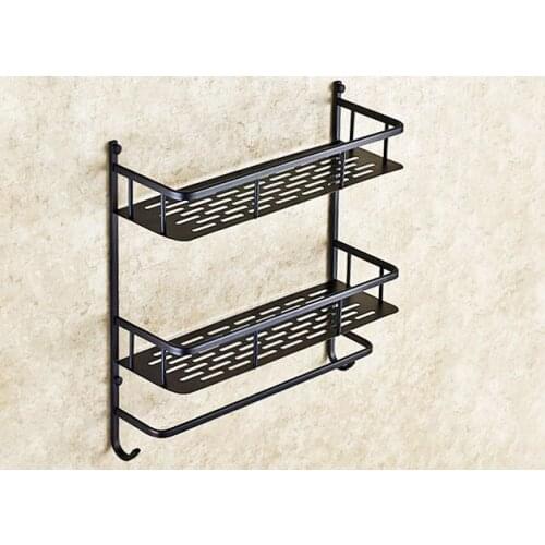 Black Oil Rubbed Brass Wall Mounted Bathroom Dual Tier Shower Shelf Storage Basket With Towel Holder Bathroom Accessory mba526