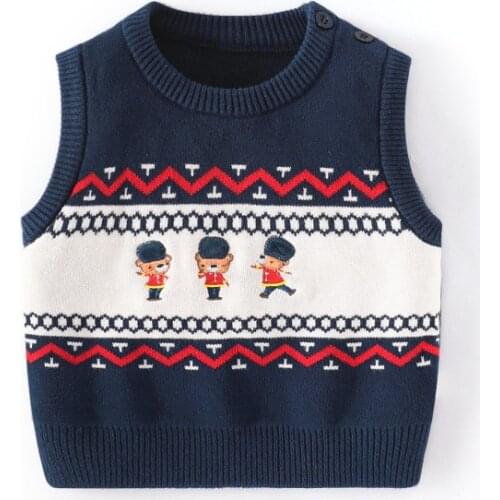 Toddler Boy Soldier Knitted Vest Tops Baby Cartoon Knitwear Children Embroidery Bear Sleeveless Knit Sweater Fall Winter Clothes