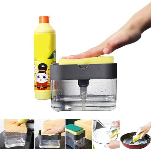 2-in-1 Creative Pump Soap Dispenser With Sponge Liquid Dispenser Container Press Liquid Pump Dispensers Kitchen Cleaning Tools