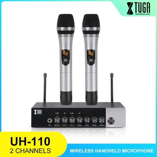 XTUGA UH110 UHF Dual Channel Wireless Handheld Microphone, Easy-to-use Karaoke Bluetooth microphone with Treble/Bass/Echo Effect