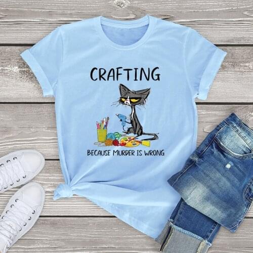 Angry Cat t shirt women clothing Crafting Because Murder Is Wrong Funny Cat women shirts girls cute cat tops Unisex tees for men