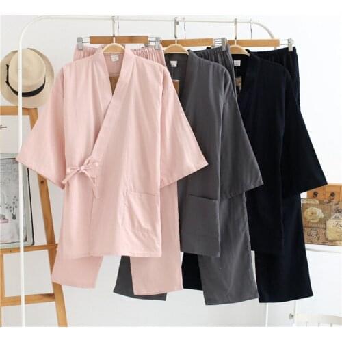 Pure Cotton Japanese Kimono Traditional Summer Autumn Pajamas Set Yukata Women Men Causal Long Sleeve Home Clothes Kimono Suit