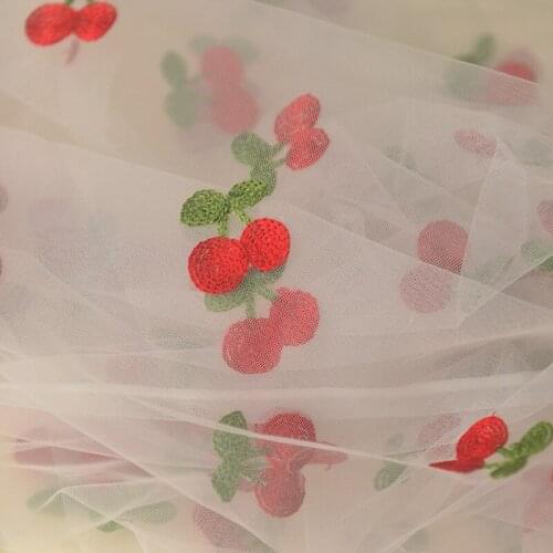 Red Cherry Embroidered Mesh Fabric, Dress Hanfu Veil Shooting Background Cloth Diy Handmade Fabric