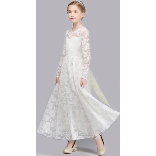 Girl Lace Dress Long Baby Girl Princess Wedding Party Dresses White Little Girl Bridesmaids Flower Girl Dress Long Sleeved Dress