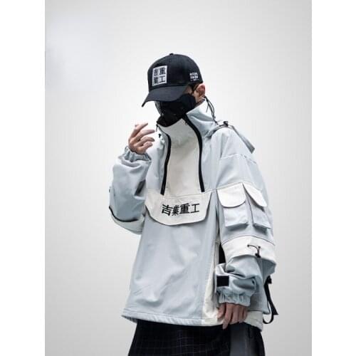 Hooded Jacket Mens 2021 Patchwork Punk Fashion Pullover Jacket Korean Harajuku Street Oversized Techwear College Style Jackets