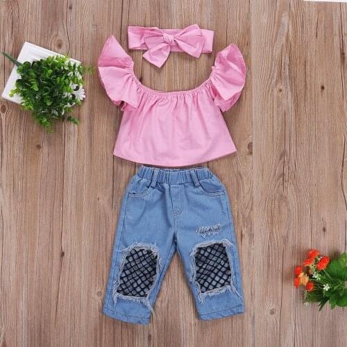 Summer Baby Girls Toddlers 3 pieces Set Off Shoulder Ruffle Tops Mesh Ripped Denim Pants Outfits With Bow Headband Set