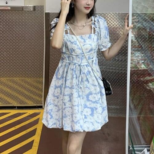 Princess Floral Sweet Summer Dress Women 2021 High Waist Design Party Mini France Elegant Dress Puff Sleeve Vintage Casual Dress