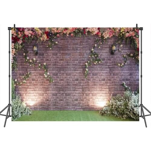 Neoback Spring Backdrop Brick Wall Flower Photographic Background Grass Land Scenic Customized Photographic Backdrops