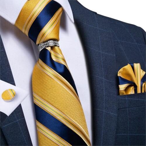 DiBanGu Mens Necktie Yellow Blue Silk Wedding Tie For Men Striped Design Fashion Bussiness Party Tie Hanky Cufflinks Ring Set