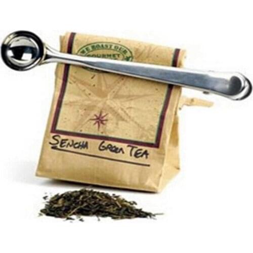 Stainless Steel Ground Coffee Measuring Scoop Spoon With Bag Seal Clip Silver LX6307